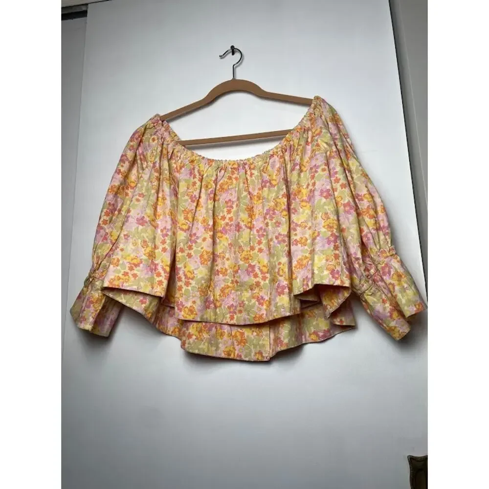 Free People Pastel Floral Off-Shoulder Button Front Top